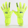 Pair of neon yellow Defigo goalkeeper gloves with black speckles