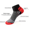 Black and red athletic knit ankle socks featuring enhanced features like elastic, deep pockets, arch support, and cushioning.