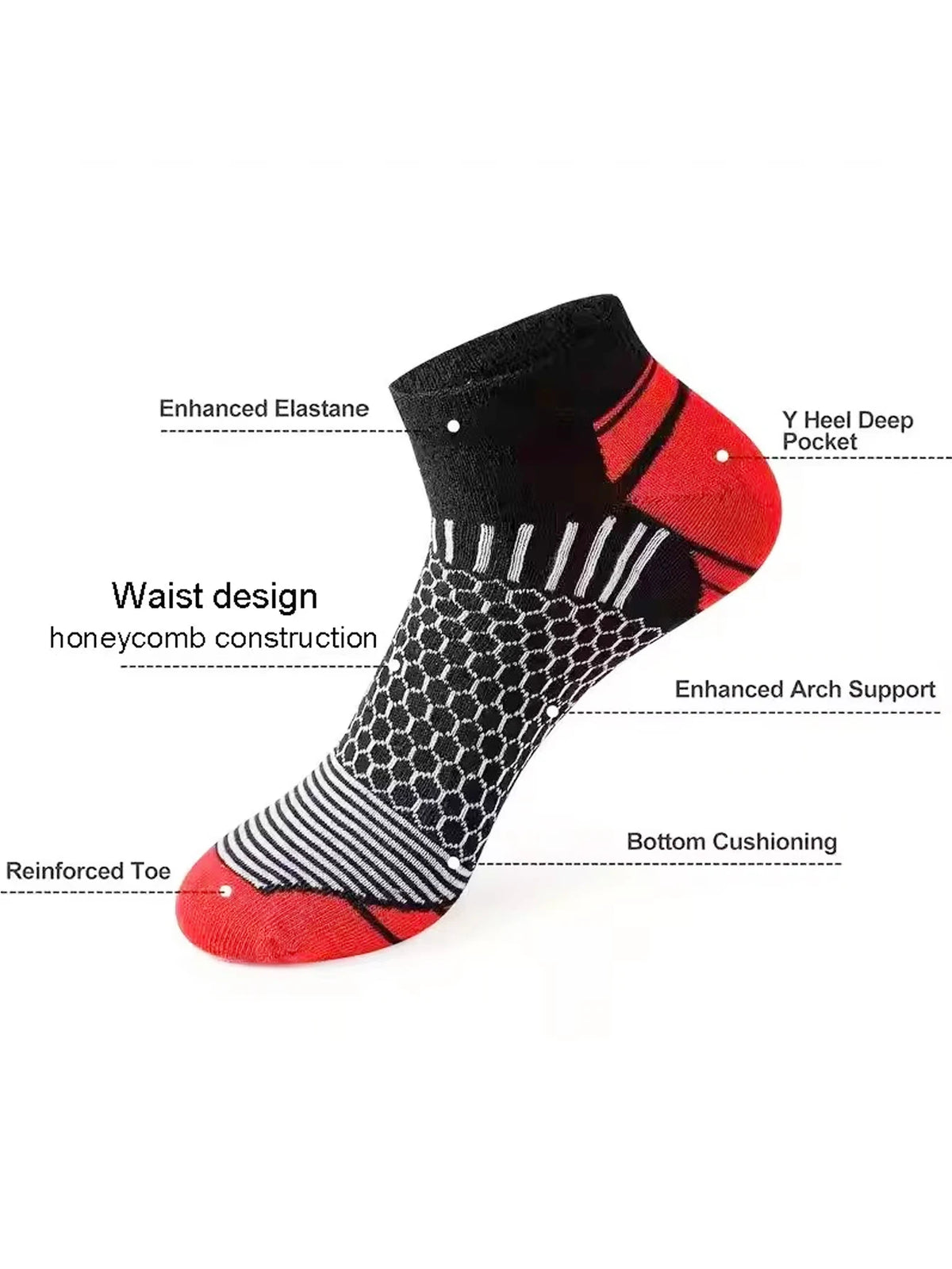 Black and red athletic knit ankle socks featuring enhanced features like elastic, deep pockets, arch support, and cushioning.