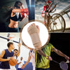 A collection of images showing an adjustable elastic wrist support brace used in sports and fitness activities.