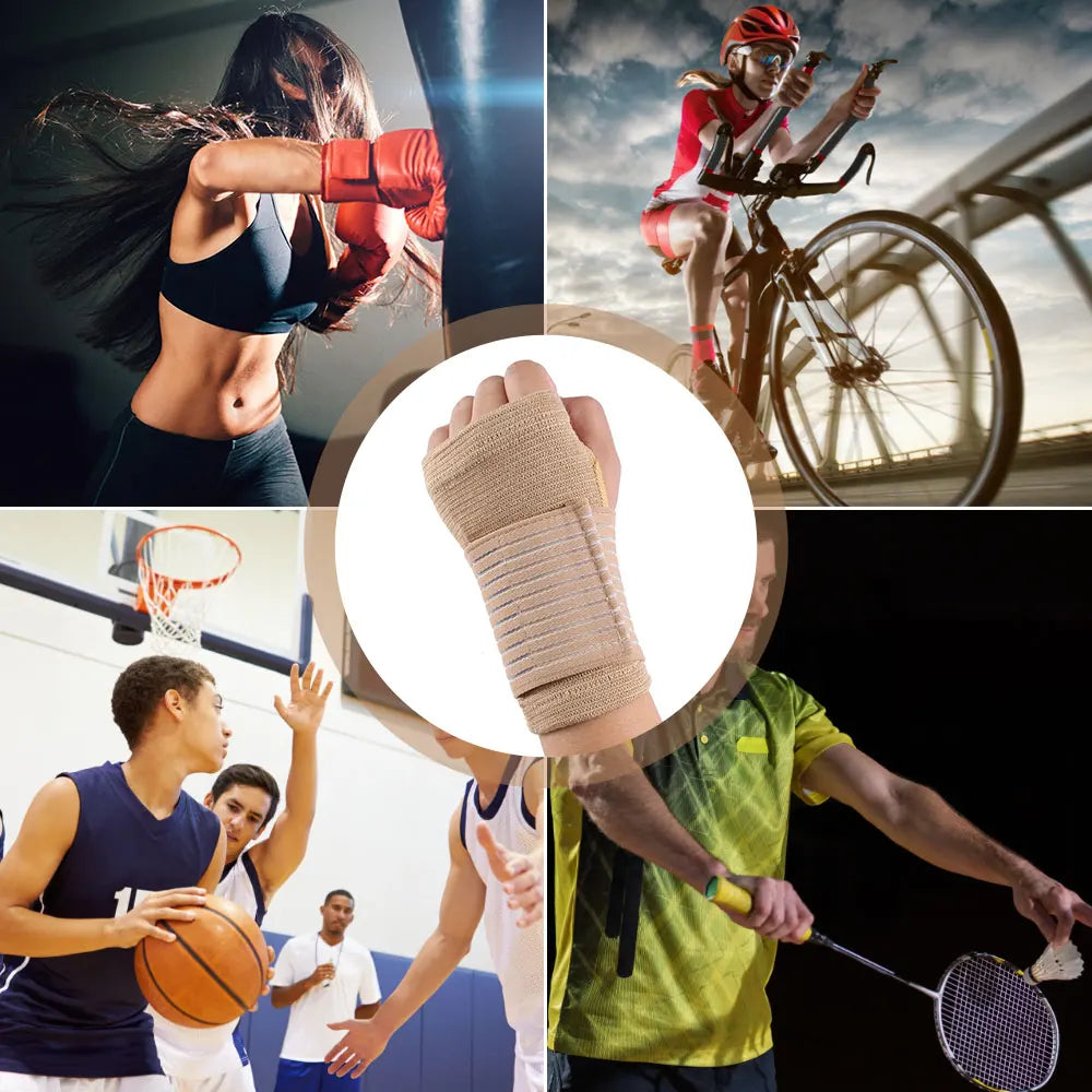A collection of images showing an adjustable elastic wrist support brace used in sports and fitness activities.