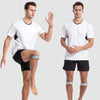 A man demonstrates the use of an adjustable patellar tendon support strap on his knee.