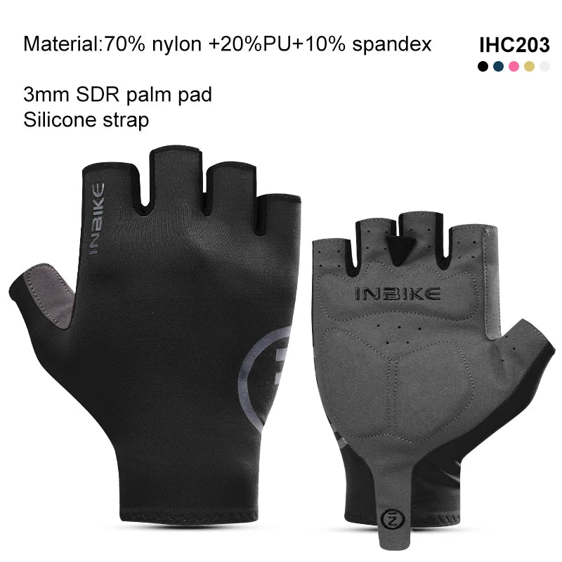 Black Inbike half-finger cycling and MTB gloves with a silicone strap and spare finger pads
