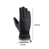 A black pair of extreme cold-proof ski gloves shown against a white background with dimension markings.