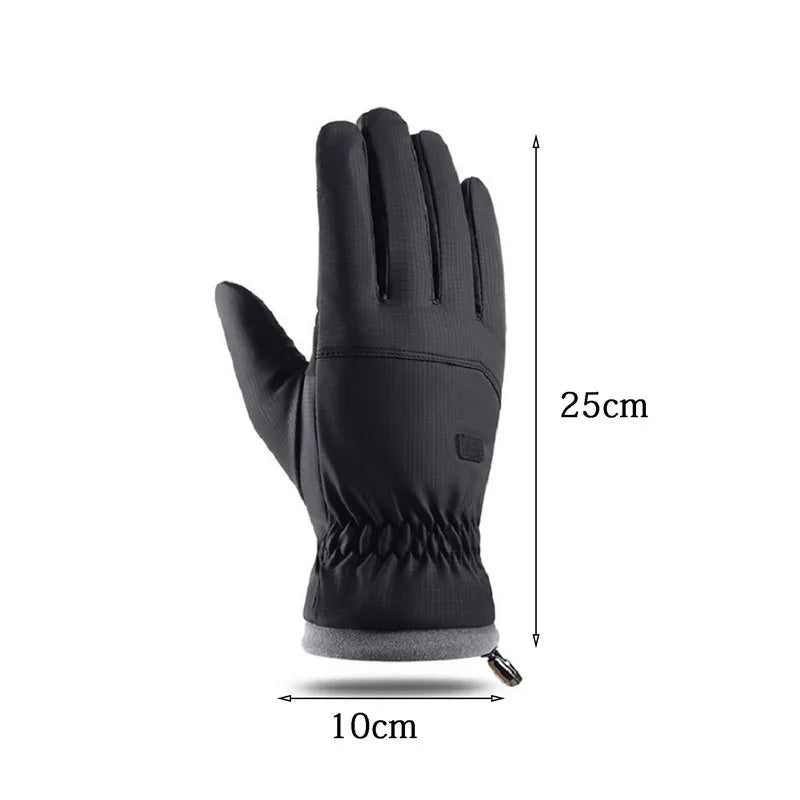 A black pair of extreme cold-proof ski gloves shown against a white background with dimension markings.