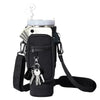 Black neoprene water bottle carrier bag with a shoulder strap and a clear bottle inside.
