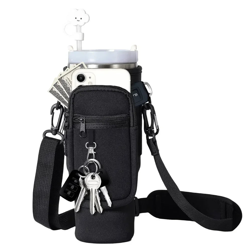 Black neoprene water bottle carrier bag with a shoulder strap and a clear bottle inside.