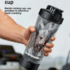 A hand holds a clear electric mixing cup, demonstrating how it separates in three seconds.