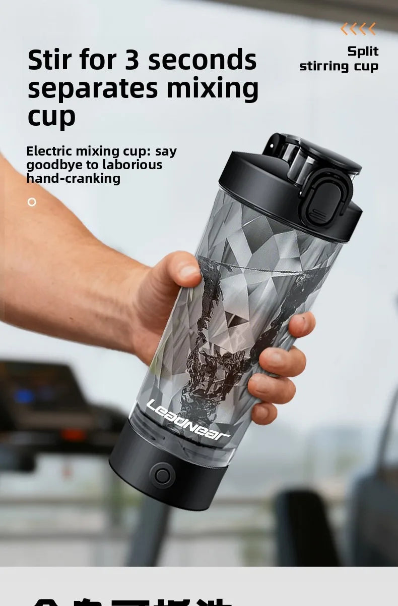 A hand holds a clear electric mixing cup, demonstrating how it separates in three seconds.