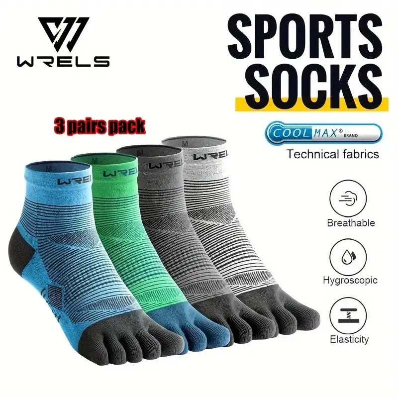 Three pairs of Wrels sports socks in blue, green, and gray with CoolMax technology.