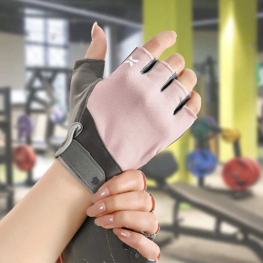 Guantes de ciclismo semimanopla transpirables rosa y gris