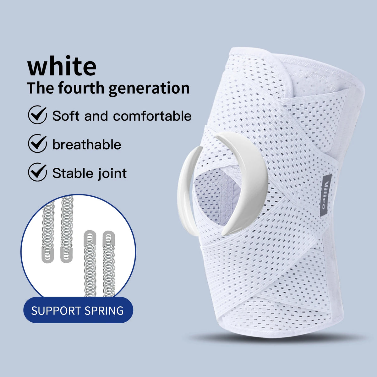 White fourth generation elastic knee pads with support springs shown on a hand.