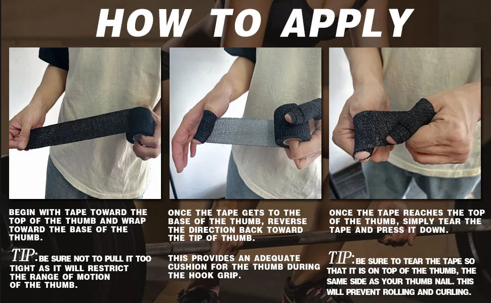 Instructions for applying an adjustable elasticity adhesive bandage to the thumb.