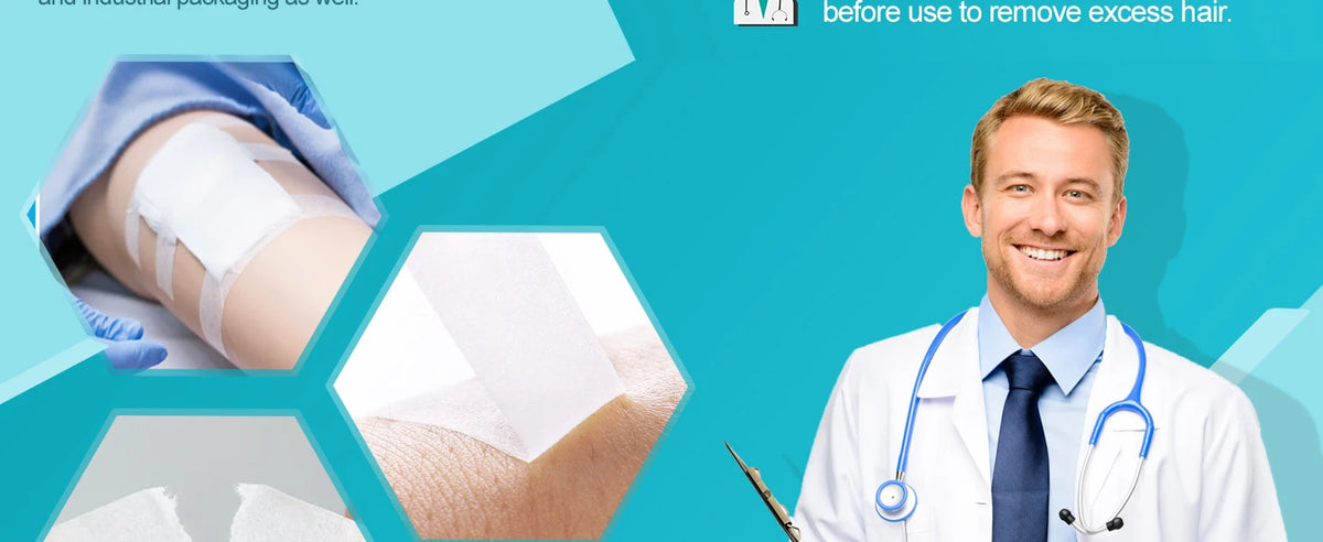 A doctor wearing a white coat and stethoscope is shown next to medical tape products.
