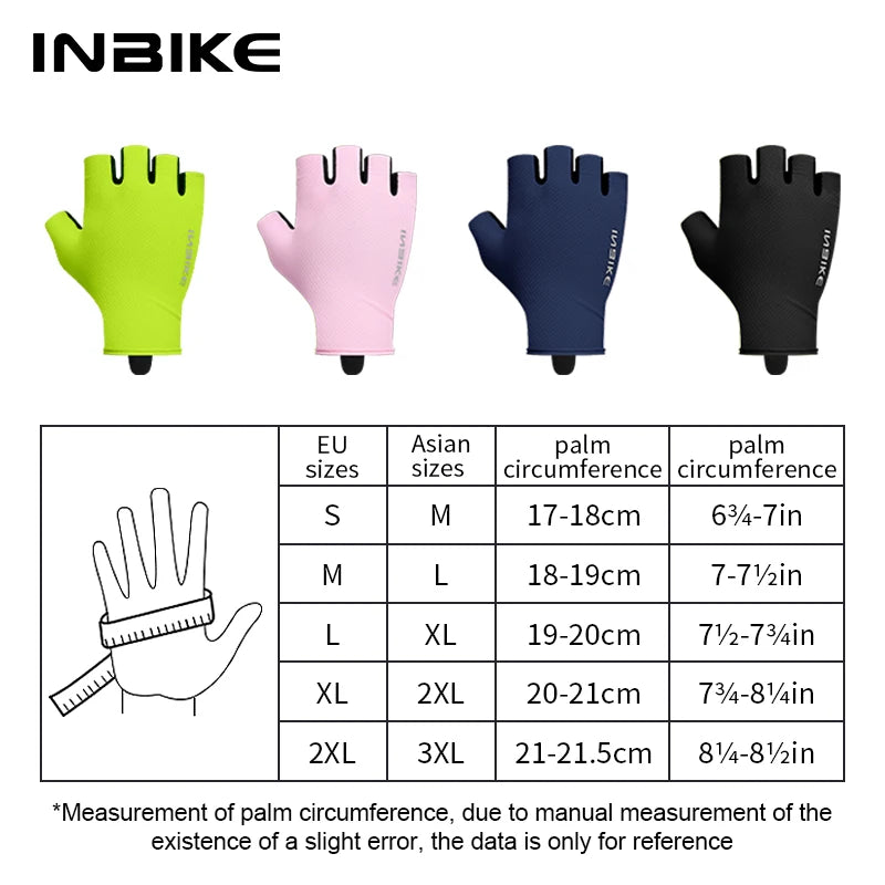A set of five half-finger cycling and MTB gloves in neon yellow, pink, navy blue, and black, with size charts.