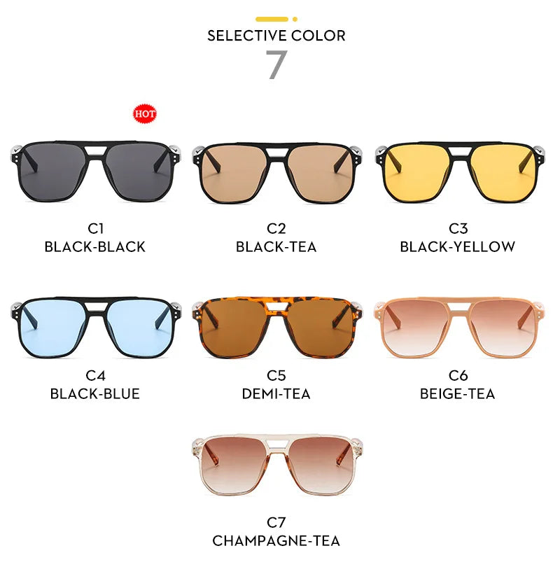 A selection of seven pairs of vintage square sunglasses in various colors including black, tea, yellow, blue, and beige.