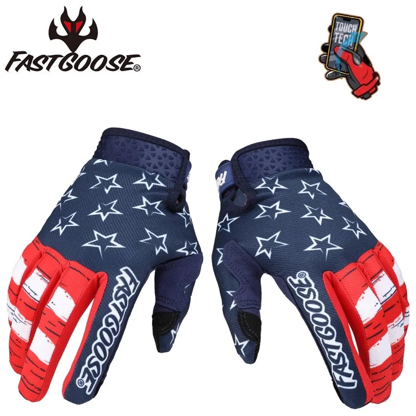 A pair of dark blue cycling gloves with red accents and a touchscreen compatibility feature.