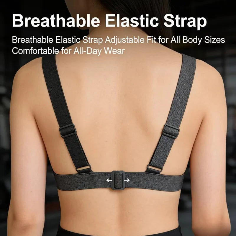 A close-up view of a black breathable elastic strap worn on the back of a person's torso.