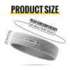 A gray athletic sweatband is shown with a measurement guide indicating a head circumference of 48-60cm or 18.89-23.6in.