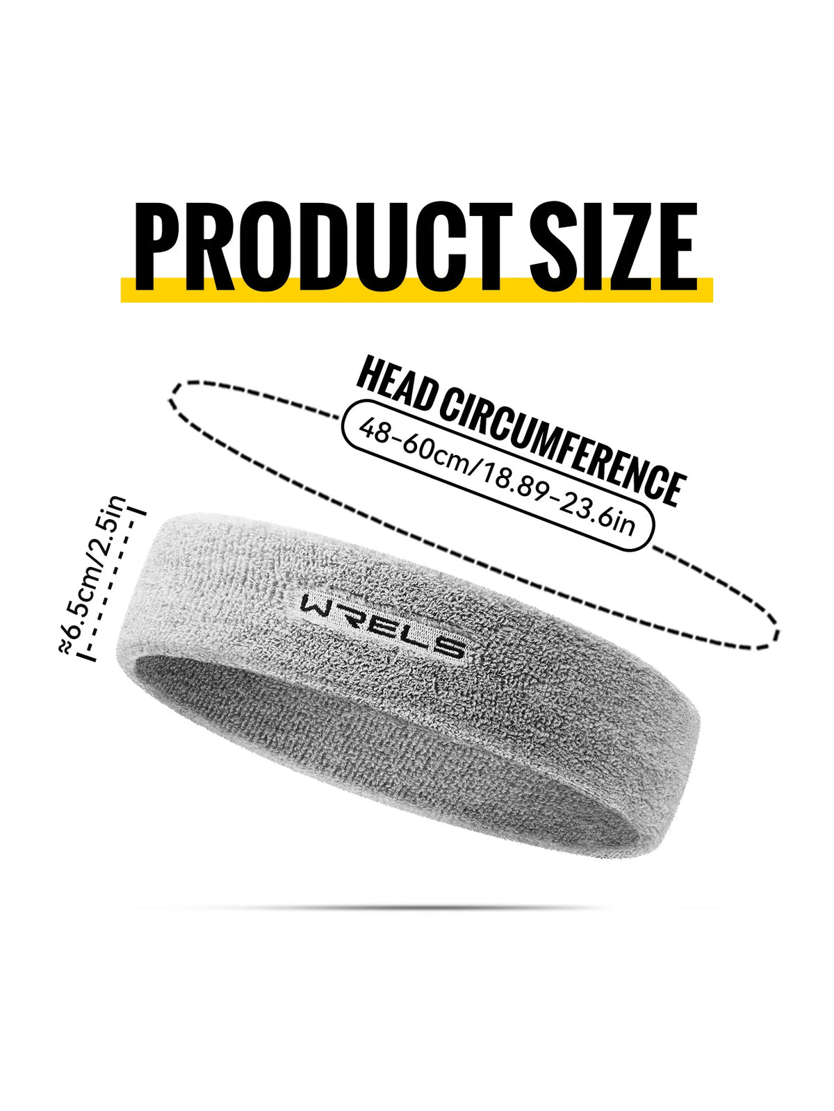 A gray athletic sweatband is shown with a measurement guide indicating a head circumference of 48-60cm or 18.89-23.6in.
