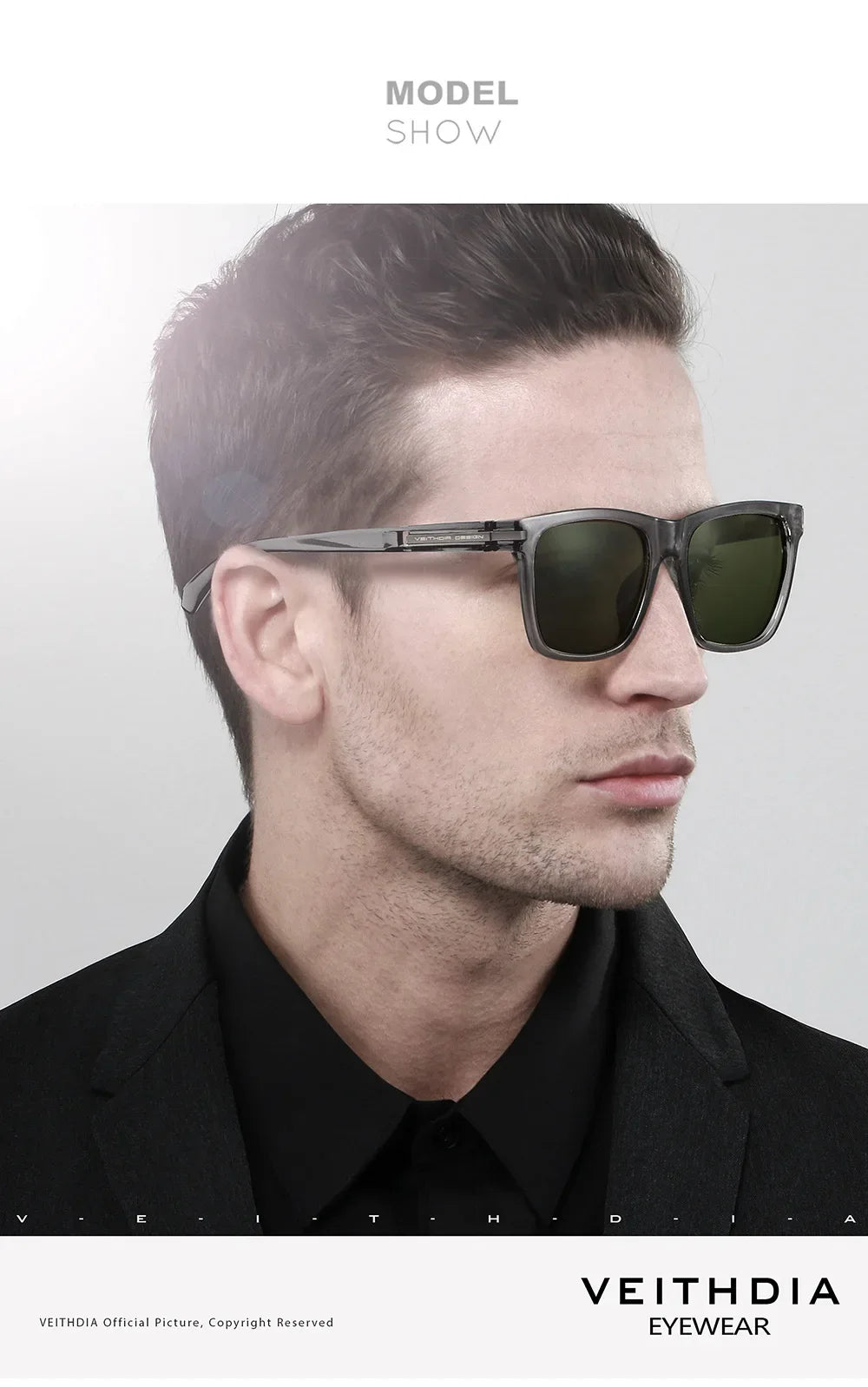 A male model wearing dark gray square polarized sunglasses in a studio setting.