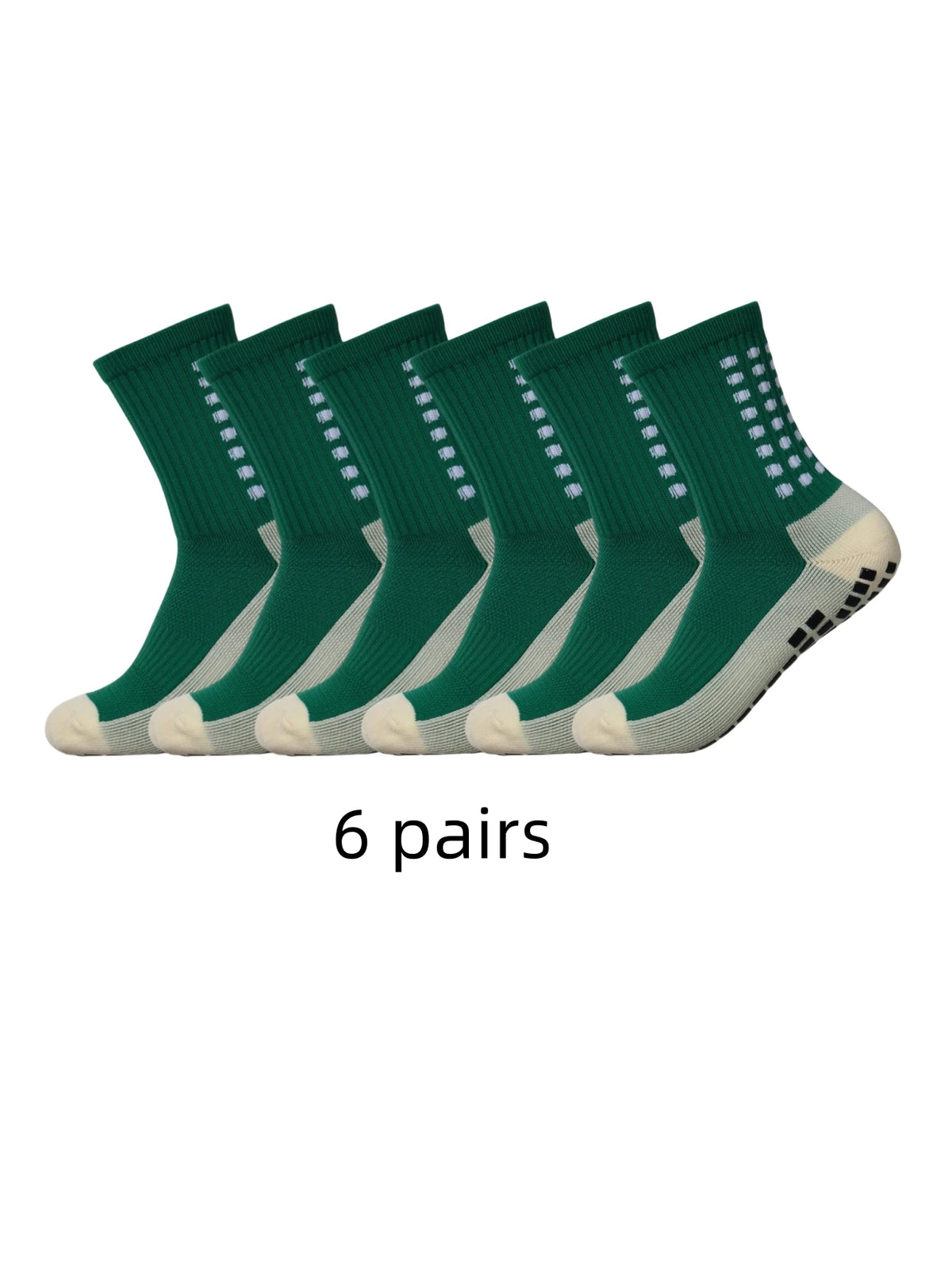 Präsentation von sechs Paar dunkelgrüner und hellgrauer sportlicher rutschfester Socken.