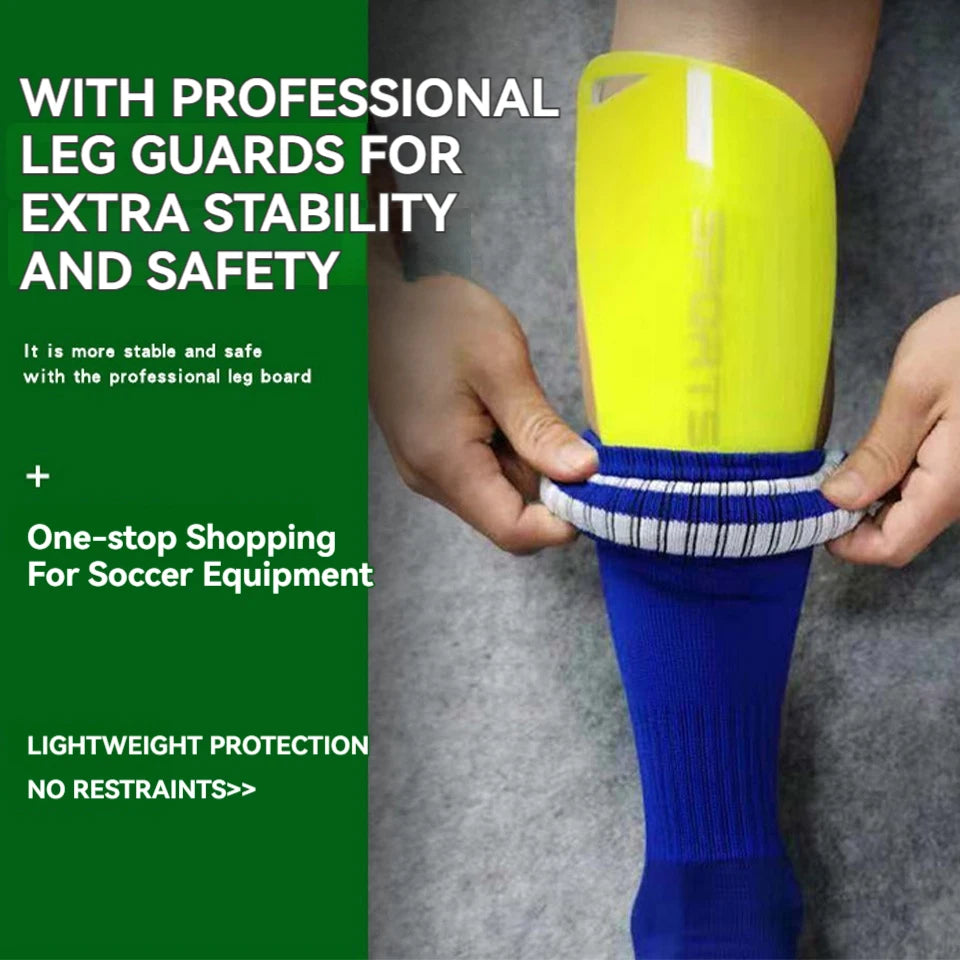 A hand is putting on a yellow leg guard and blue sock for soccer equipment.