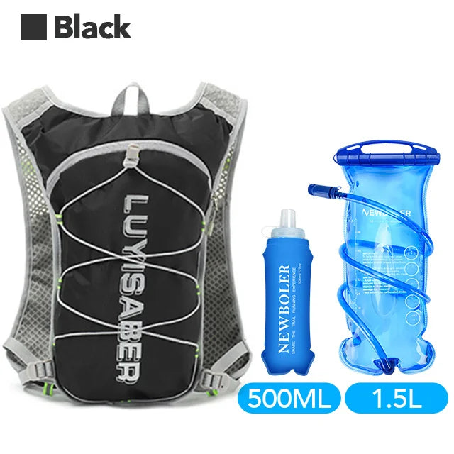 Black Newboiler water bottle and backpack set for outdoor sports.