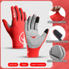 Red silicone performance cycling gloves featuring stretch comfort, finger touch screen, and shock absorption.