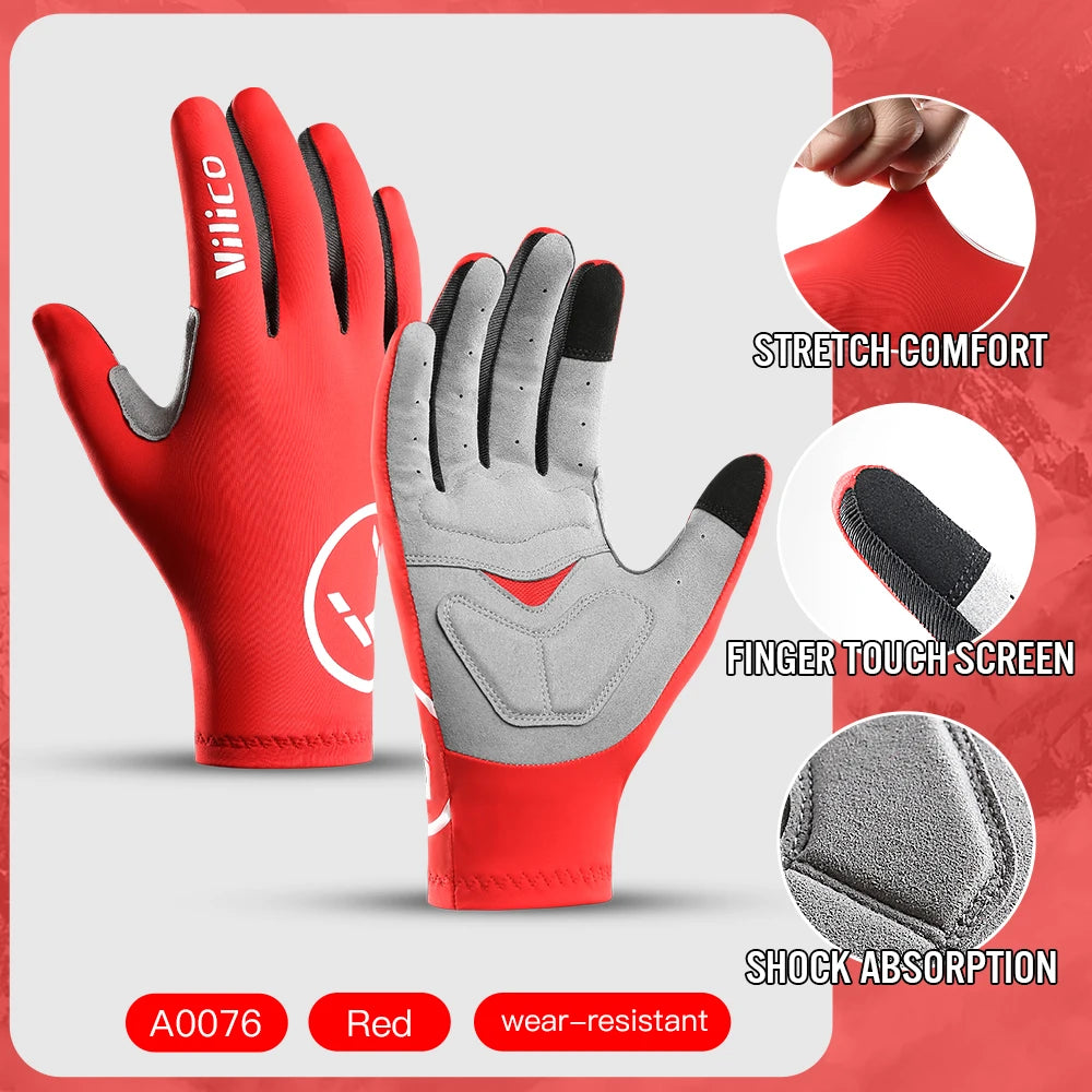 Red silicone performance cycling gloves featuring stretch comfort, finger touch screen, and shock absorption.