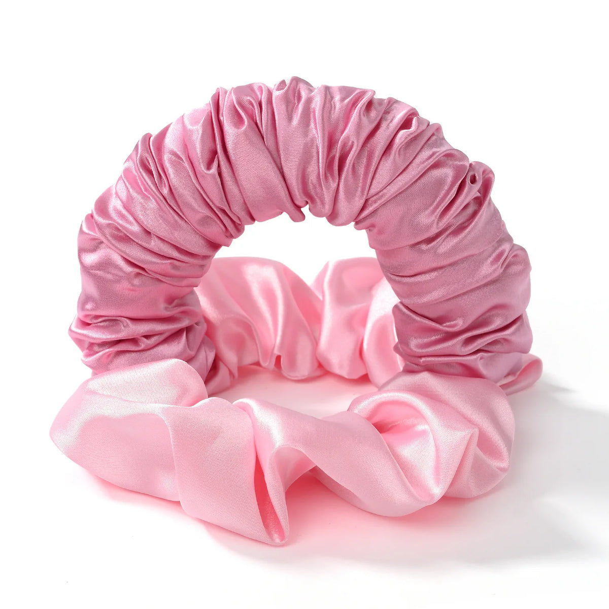Pink satin heatless curling rod headband with gathered fabric curls