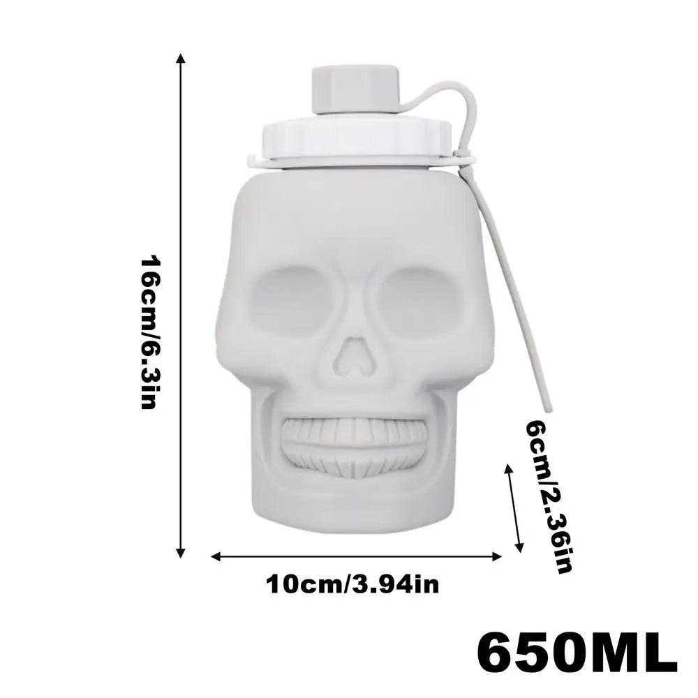 White skull design leakproof foldable sports water bottle with a screw cap