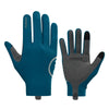 A pair of blue cycling gloves with gray silicone palm pads shown against a white background.