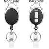 Front and back views of a black retractable ID badge reel keychain.
