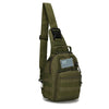 Olive green tactical sling backpack with an American flag patch on the front
