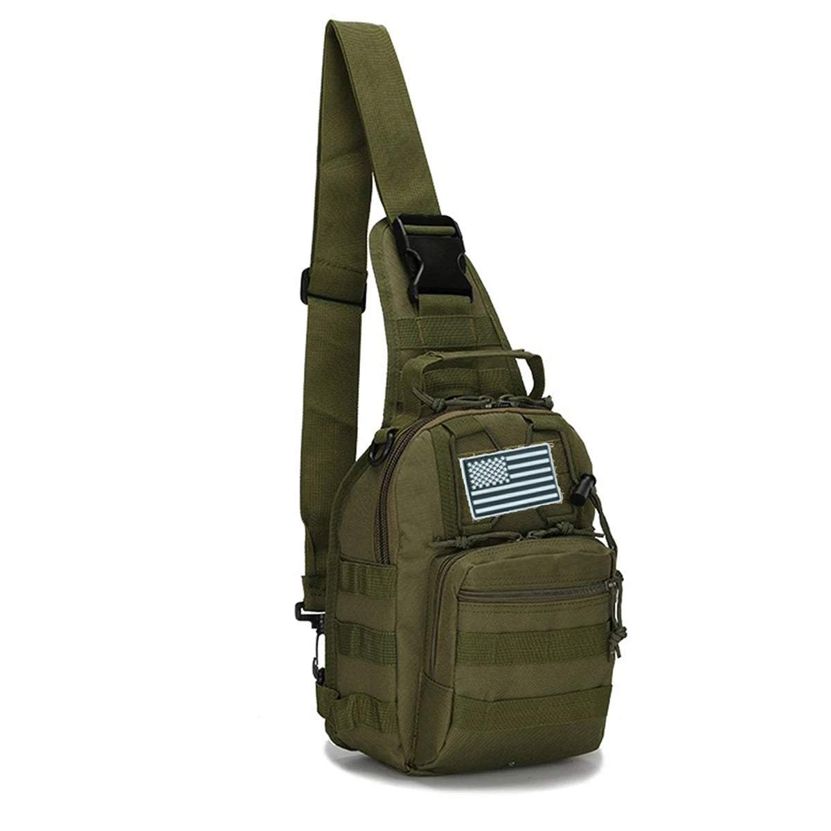 Olive green tactical sling backpack with an American flag patch on the front