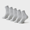A stack of light gray premium athletic crew socks for men and women