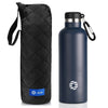 A dark blue stainless steel insulated thermos bottle with a black carrying sleeve.