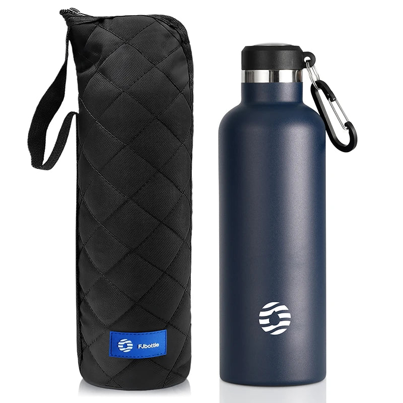A dark blue stainless steel insulated thermos bottle with a black carrying sleeve.