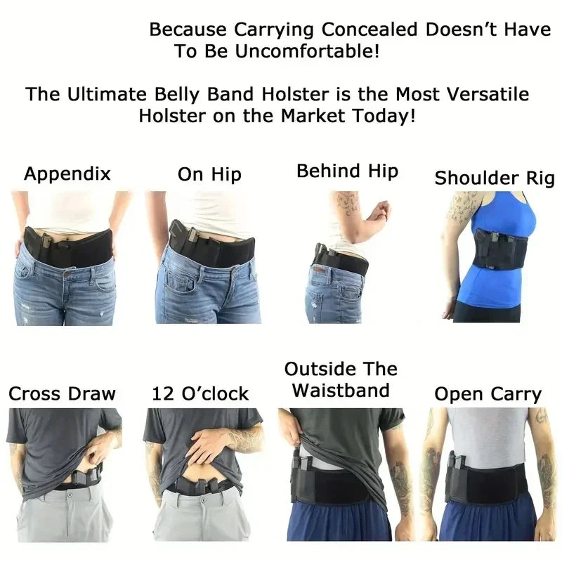 Collection d'étuis belly band polyvalents, présentés en différentes configurations (appendice, sur la hanche, derrière la han