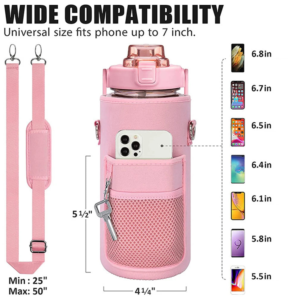 A pink protective water bottle sleeve with a phone holder, showing various phone sizes it can fit.