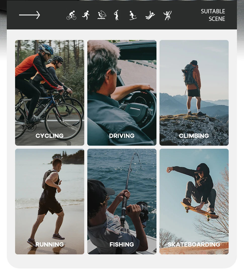Collage de personas practicando diversos deportes al aire libre como ciclismo, conducción, escalada, carrera, pesca y skatebo