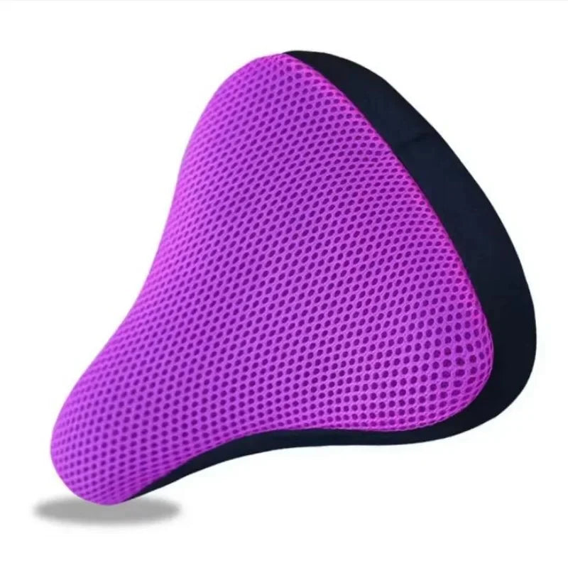 A purple and black breathable 3D mesh bicycle saddle cushion.