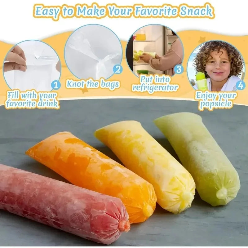 Bolsas para moldear paletas desechables con popsicles de varios colores e instrucciones para hacer un snack.