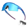 A pair of blue polarized sports sunglasses with a purple temple and a detached lens.