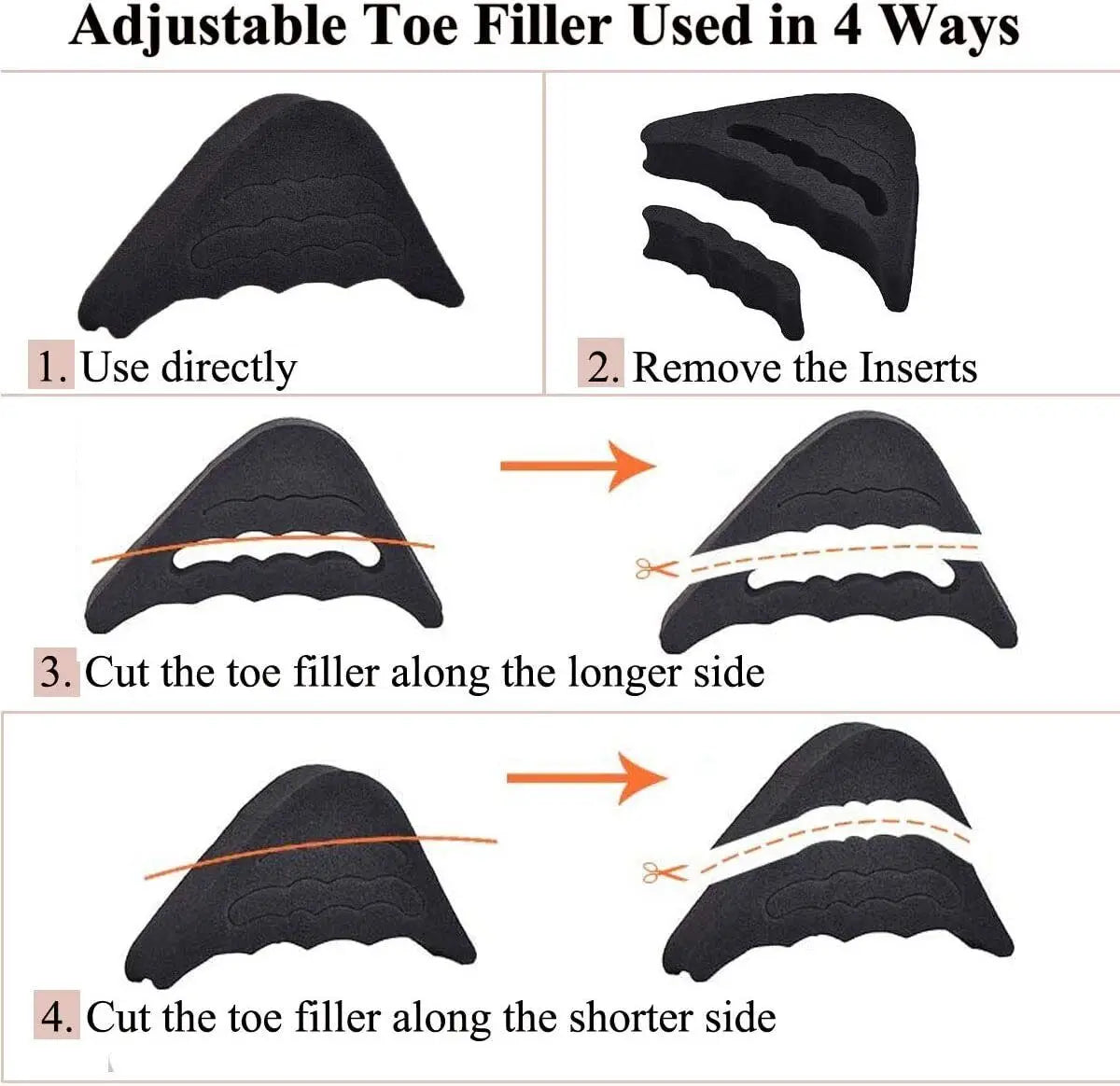 Demonstration of an adjustable toe filler used in four ways: direct use, removal of inserts, cutting along the longer side, a