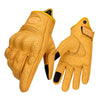 A pair of tan leather motorcycle riding gloves with black accents shown from above.