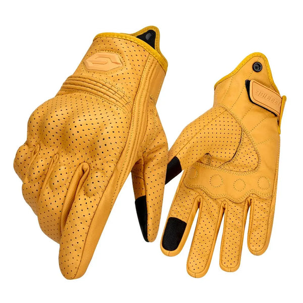 A pair of tan leather motorcycle riding gloves with black accents shown from above.