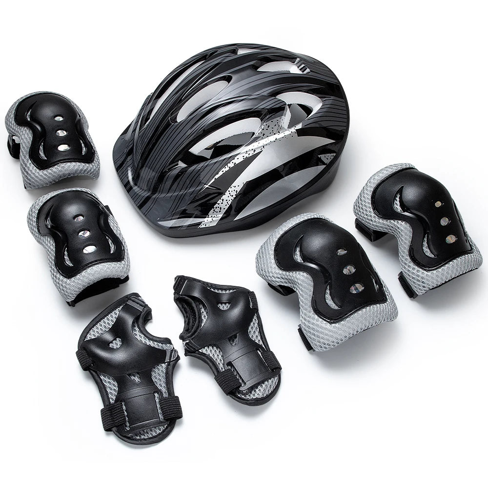 Set schwarze Schutzbekleidung für Kinder, einschließlich Helm, Knieschoner und Ellbogenschoner.