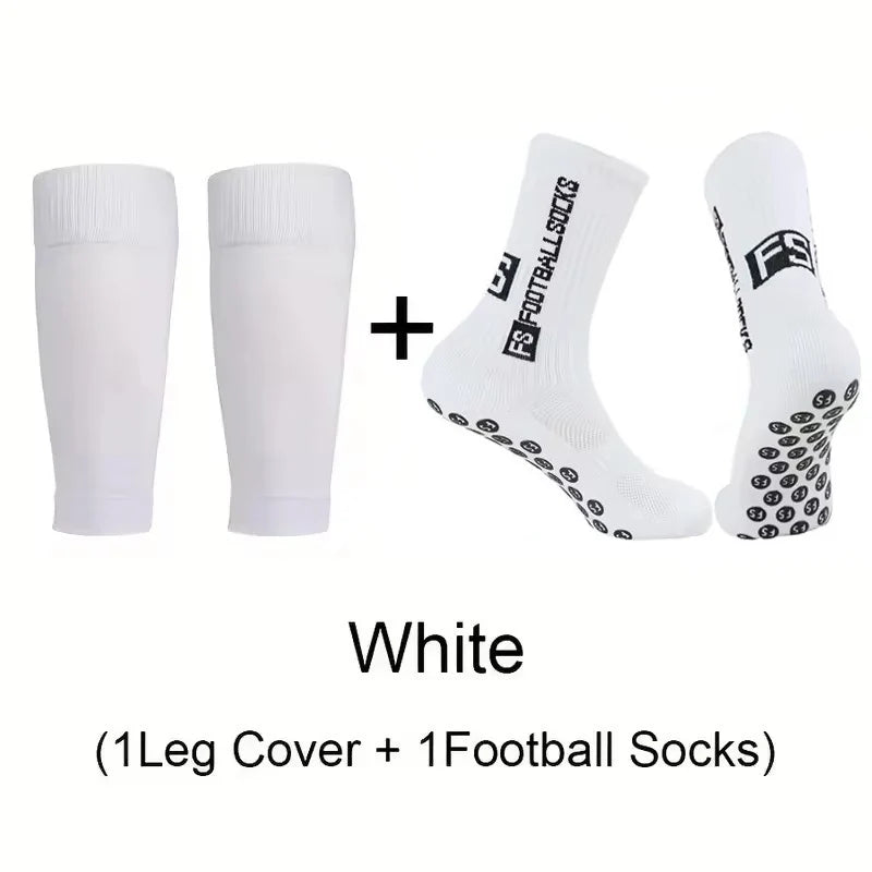 A set of white football socks and a knee cover for sports.